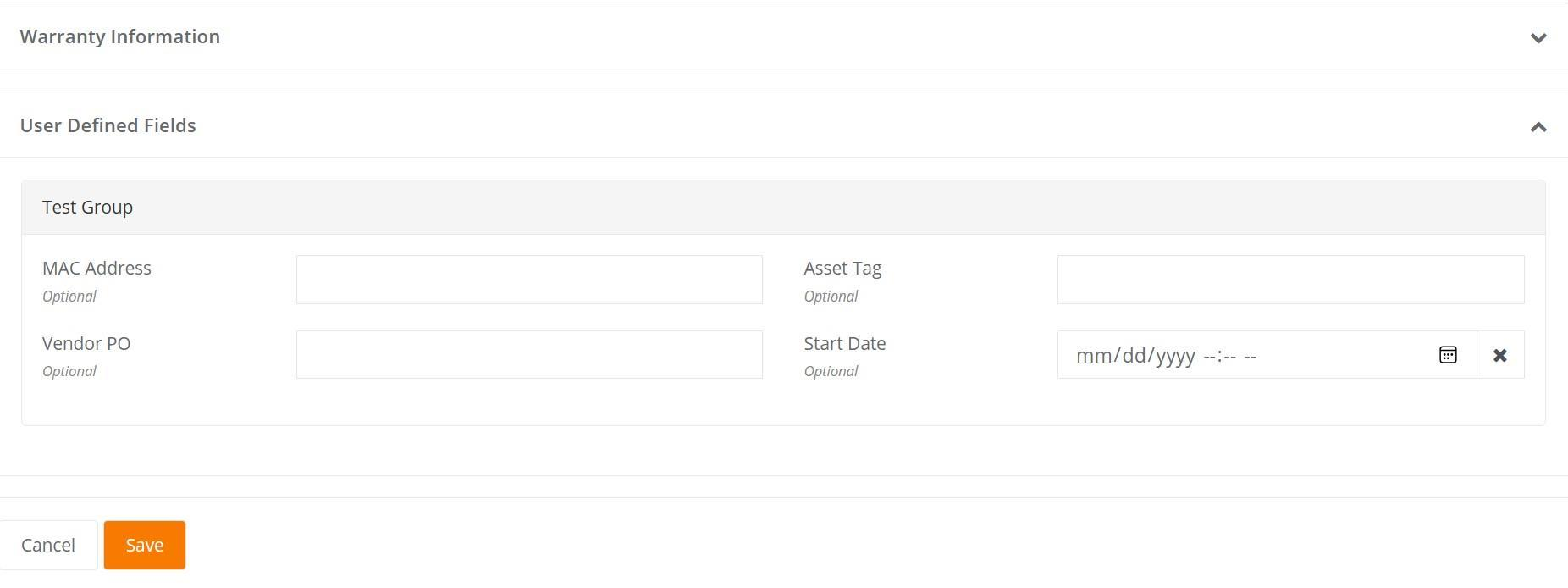 User Defined Fields section on the Add Multiple Assets page