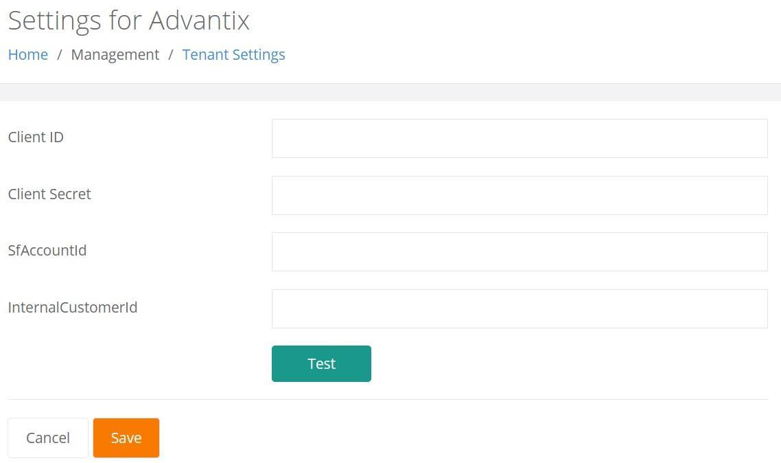 Settings for Advantix page with connection fields and Test button