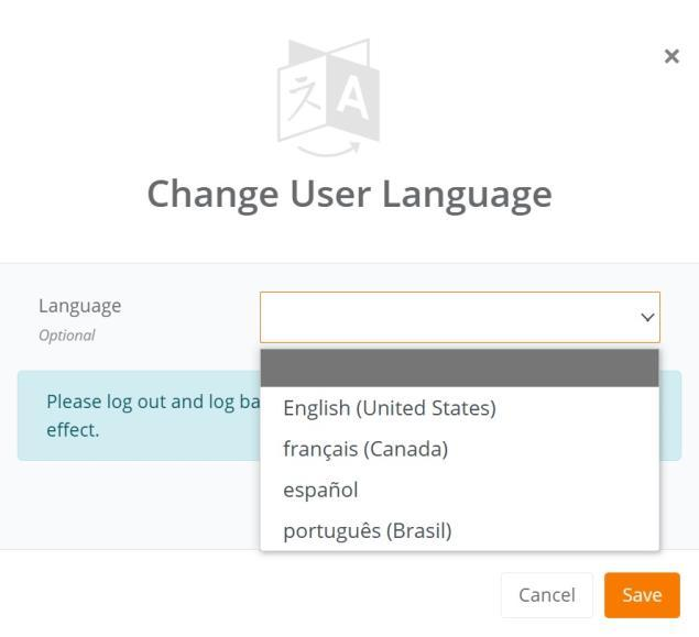 Change User Language popup with the available language options