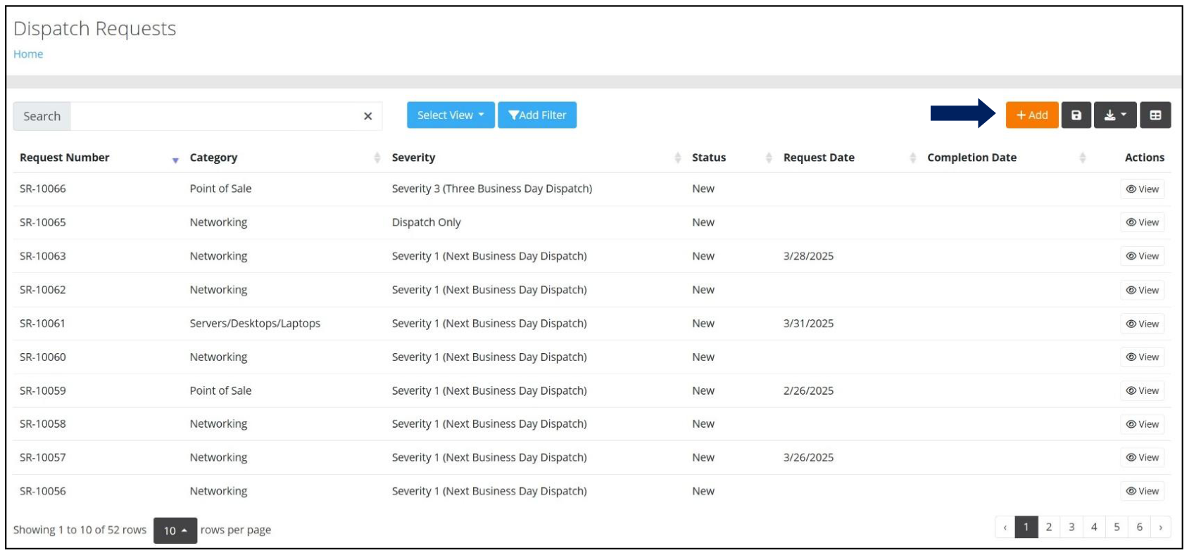 Dispatch Requests page with the Add button highlighted