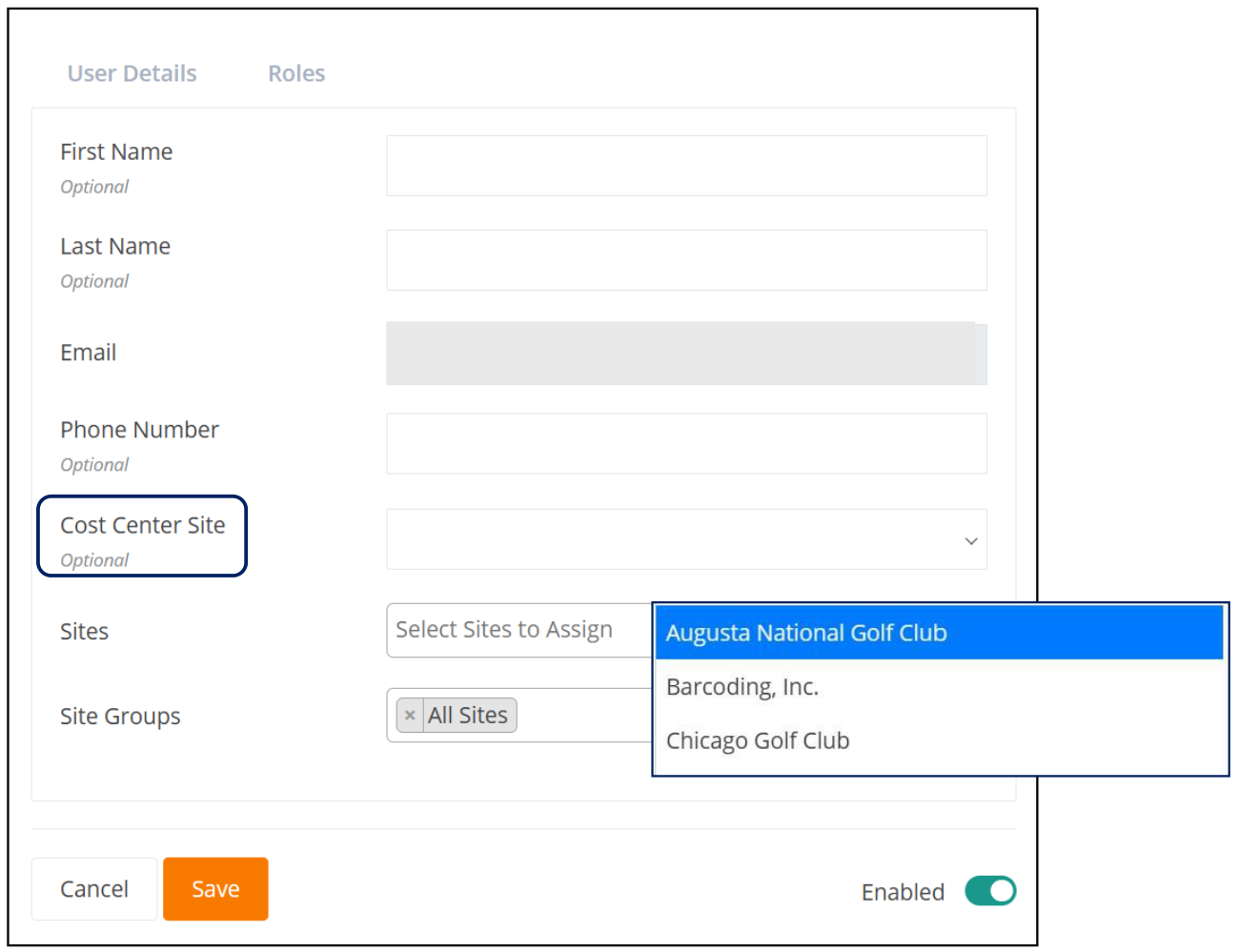 User Details form with the Cost Center Site dropdown showing the available Sites