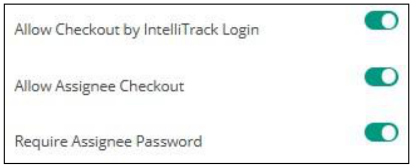 VeriMy checkout Tenant Settings with the Allow Checkout by IntelliTrack Login, Allow Assignee Checkout, and Require Assignee Password toggles