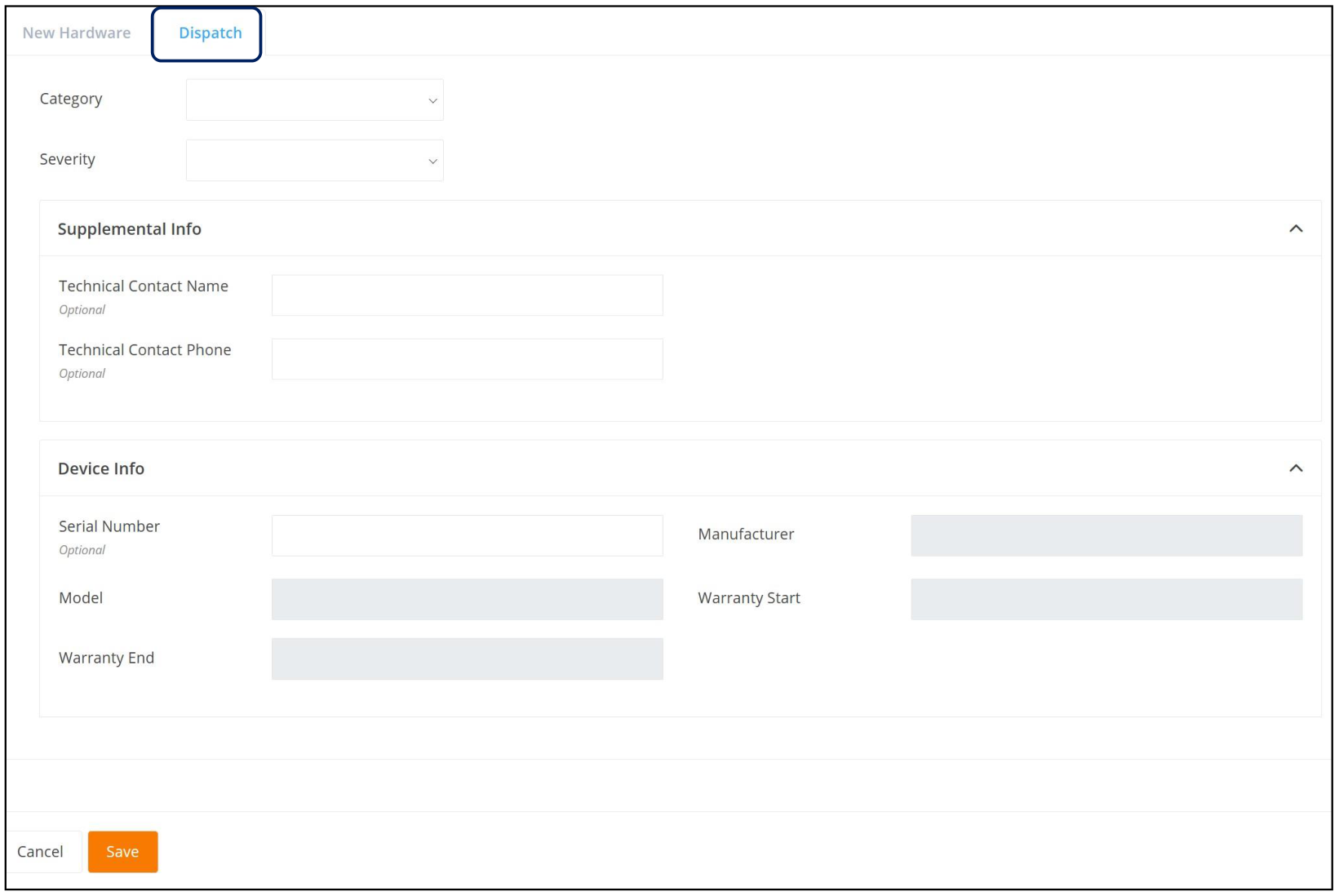 Add Service Request page with the Dispatch tab selected