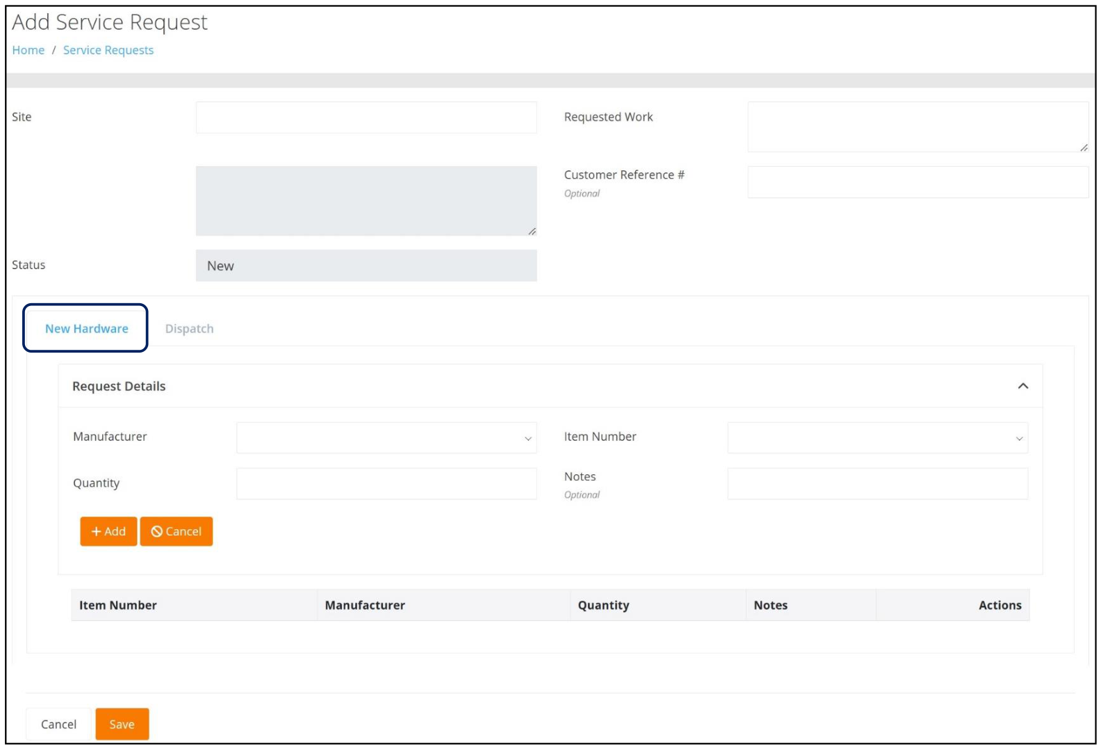 Add Service Request page with the New Hardware tab selected
