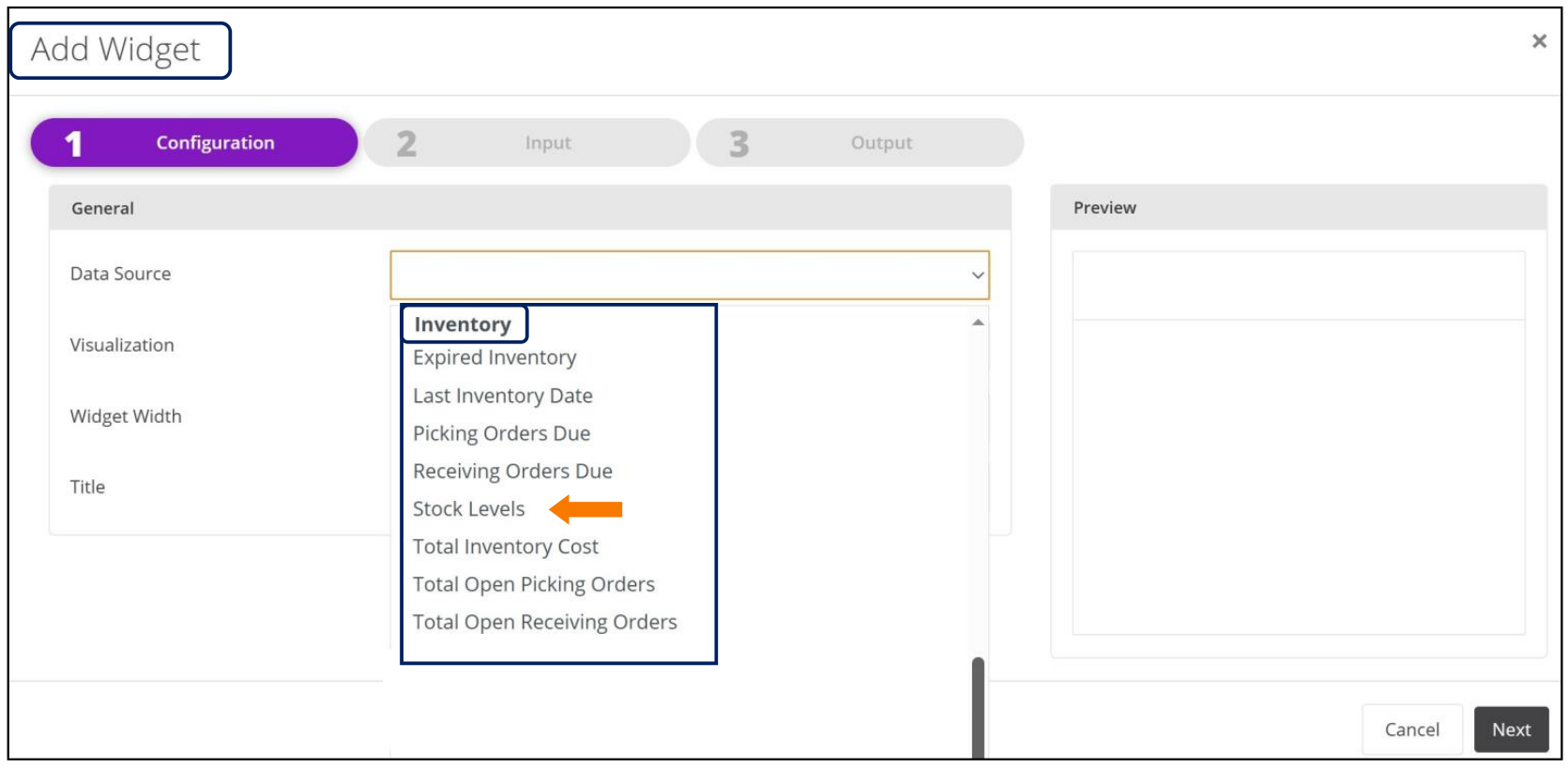 Add Widget dialog with the Data Source dropdown showing the new KPI options