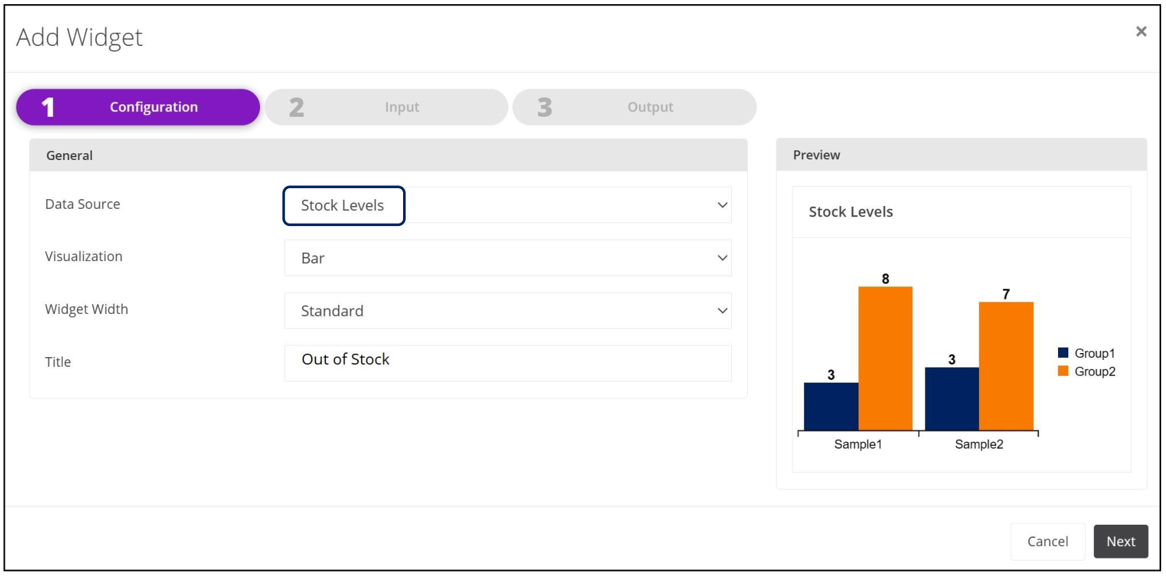 Add Widget dialog configured with the Stock Levels Data Source and a Bar visualization preview