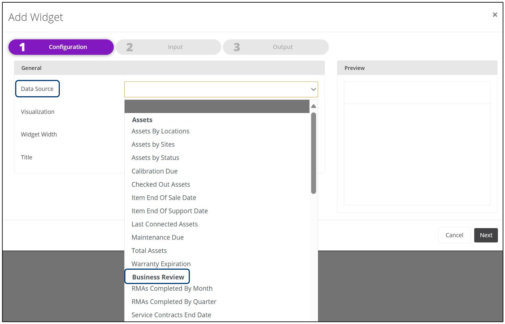 Add Widget dialog with the Business Review option in the Data Source dropdown