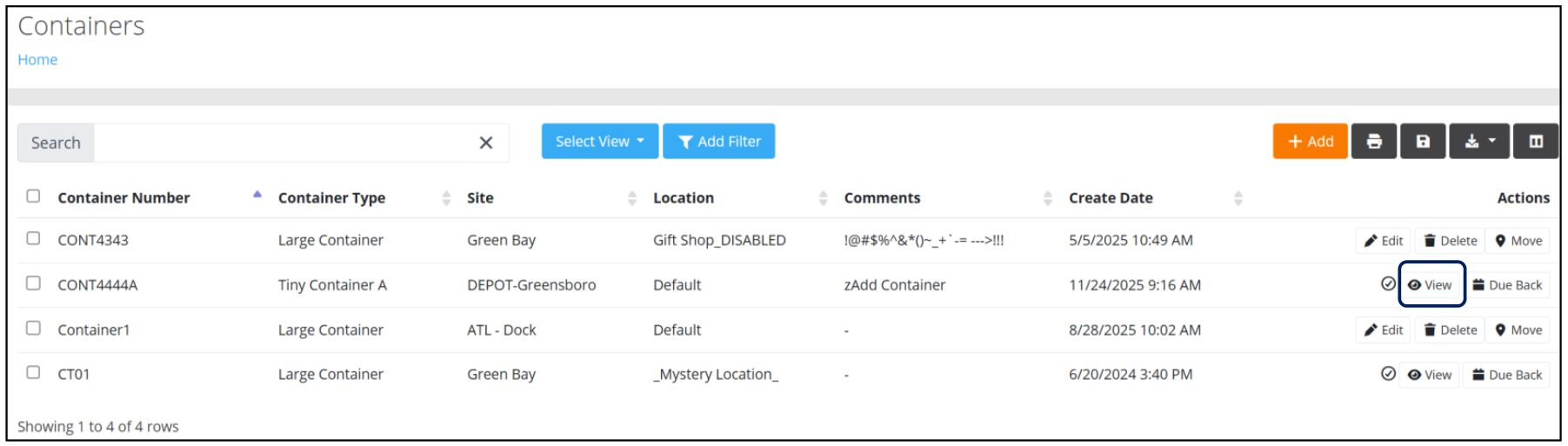 Containers page with the View action highlighted