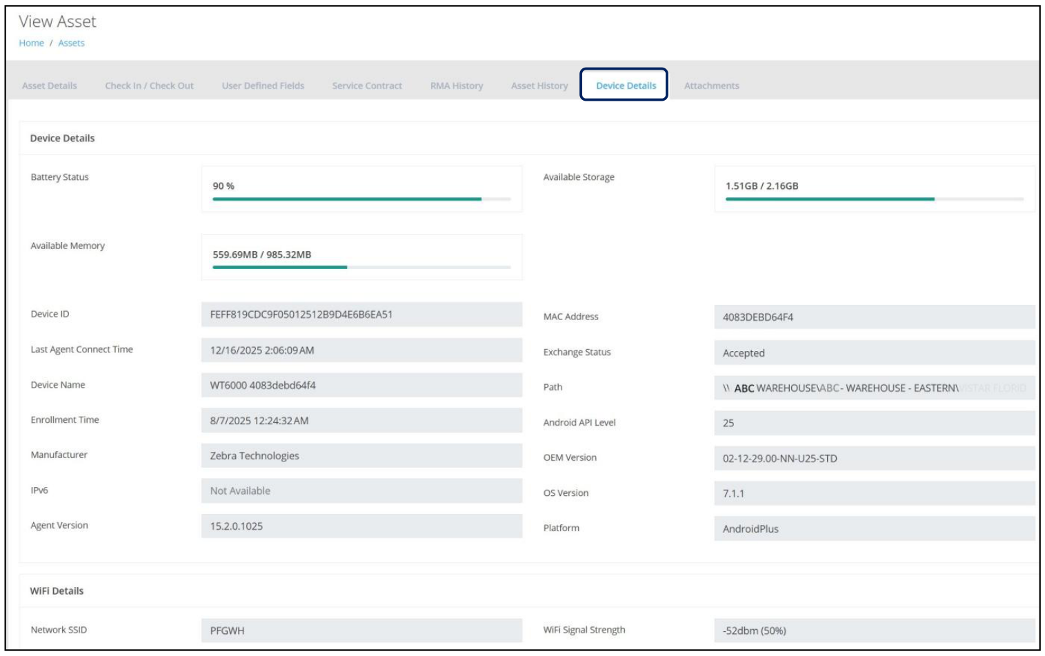 View Asset page with the Device Details tab showing 42Gears device information