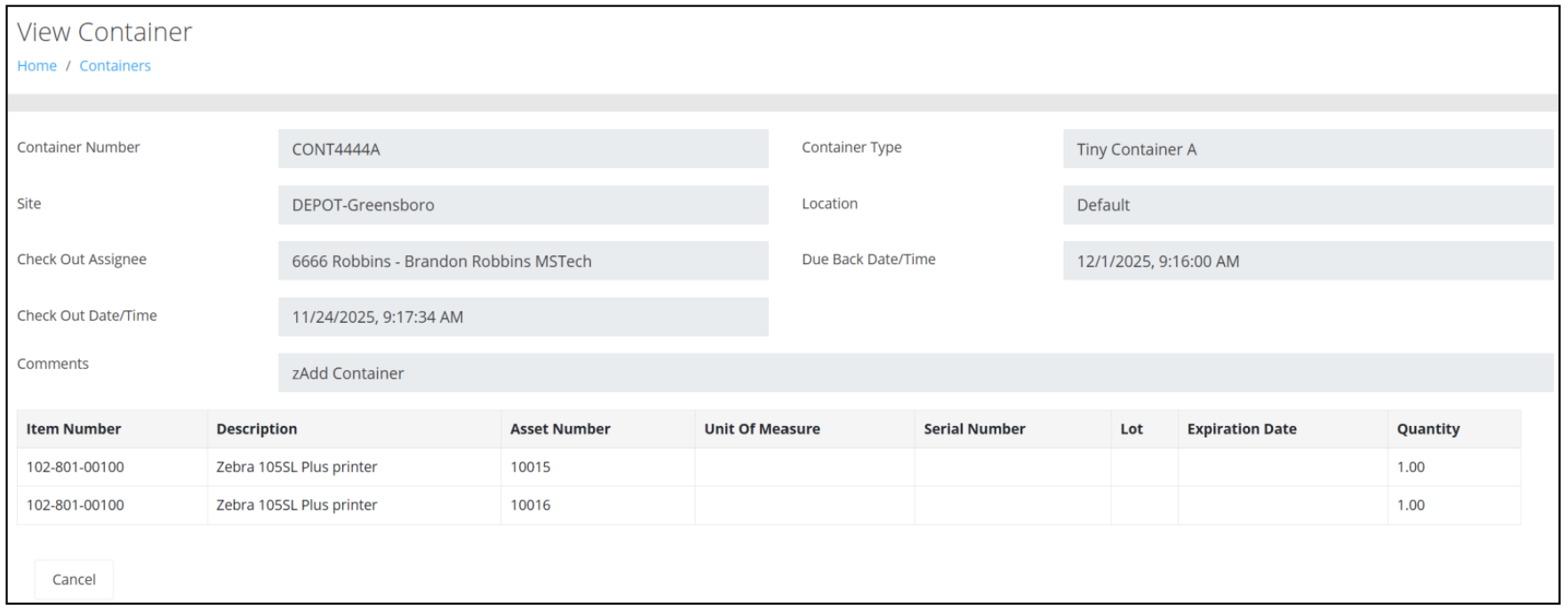 Read-only View Container page showing the Container details and contents