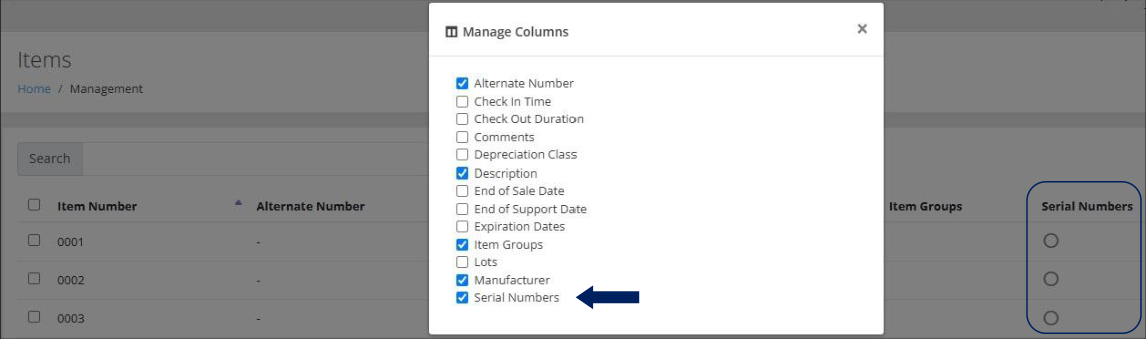 Items page with the Manage Columns dialog open, an arrow pointing at the checked Serial Numbers field and the Serial Numbers column highlighted