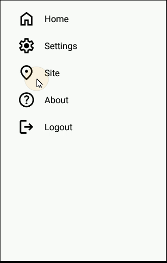Flyout menu with the Home, Settings, Site, About, and Logout options