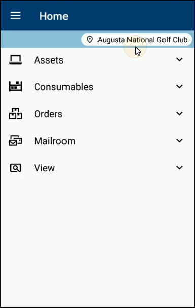 Home screen with the selected Site shown in the Site button under the title bar