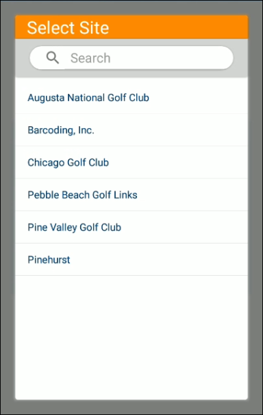 Select Site screen with a searchable list of sites